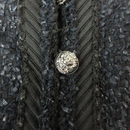 Chanel Suit Tweed Collarless Jacket CC Logo Button Front Slit Skirt Dark Navy 36 — view 9