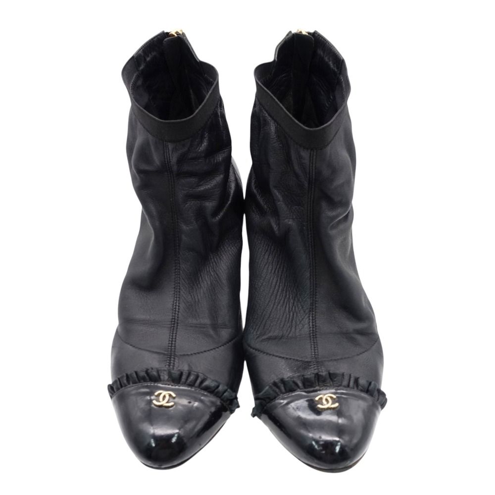 Chanel Boots CC Logo Ruffle Leather Short Back Zip Lambskin Black 38c — view 2