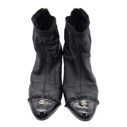 Chanel Boots CC Logo Ruffle Leather Short Back Zip Lambskin Black 38c — view 2