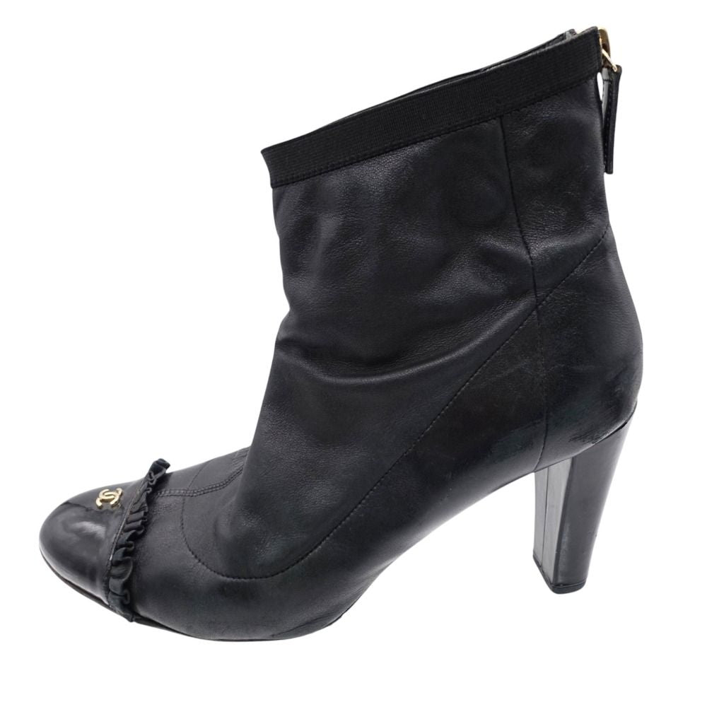 Chanel Boots CC Logo Ruffle Leather Short Back Zip Lambskin Black 38c