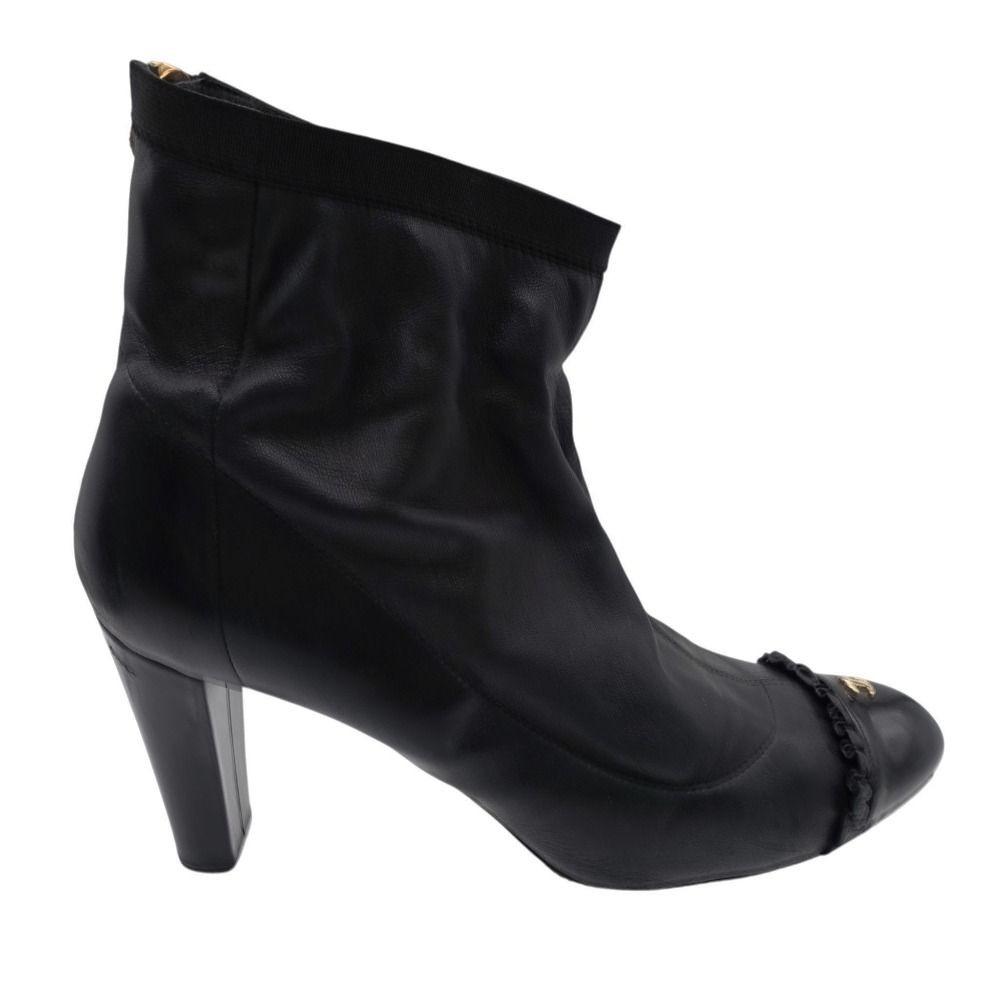 Chanel Boots CC Logo Ruffle Leather Short Back Zip Lambskin Black 38c — view 6