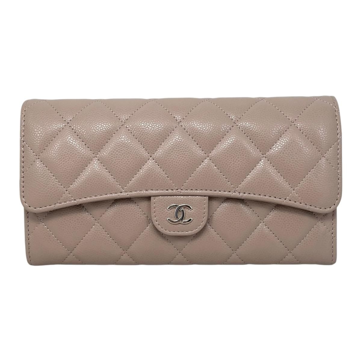 Chanel Bifold Wallet Classic Long Flap Quilted Caviar Leather CC Logo Pink