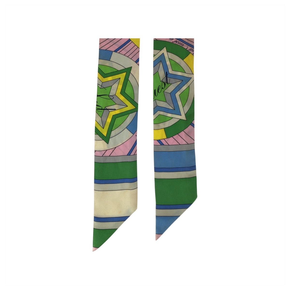 Hermes Twilly Astrologie Nouvelle Green Pink Yellow Silk Scarf Ribbon — view 3