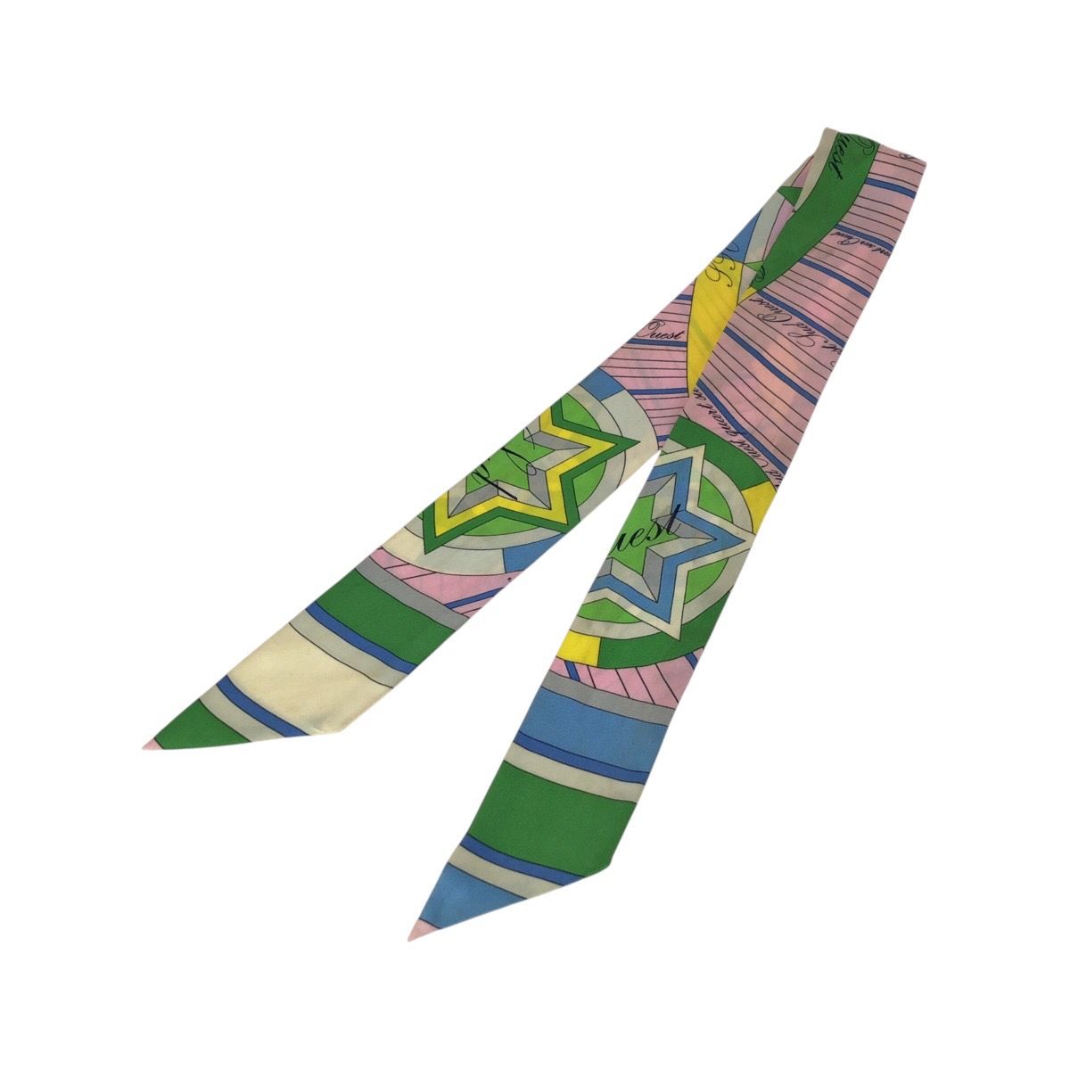 Hermes Twilly Astrologie Nouvelle Green Pink Yellow Silk Scarf Ribbon — view 2