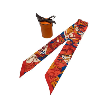Hermes Twilly le Nombre D'or Orange White Red Silk Scarf Ribbon