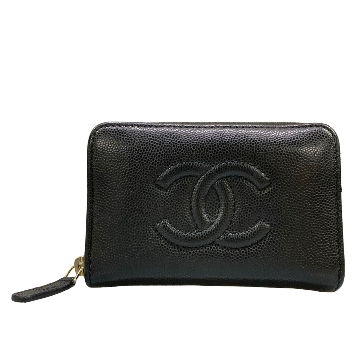 Chanel Coin Case Black CC Logo Zip Around Silver