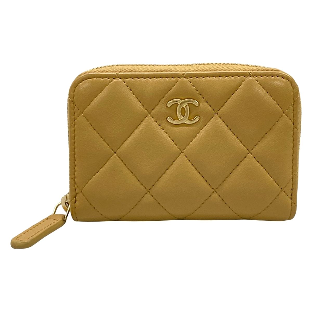 Chanel Coin Case Classic Zip Purse Quilted Beige Gold Zip Around Lambskin