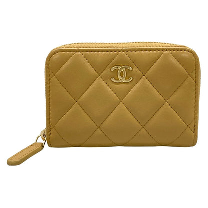 Chanel Coin Case Classic Zip Purse Quilted Beige Gold Zip Around Lambskin
