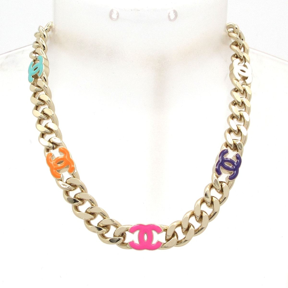 Chanel Choker CC Logo Gold Pink Multi Chain Necklace — view 2