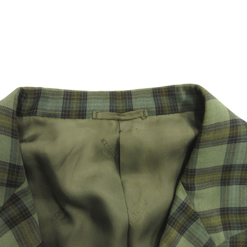 Hermes Check Tailored Jacket Blue Leather Wool Vintage 50 Green — view 6