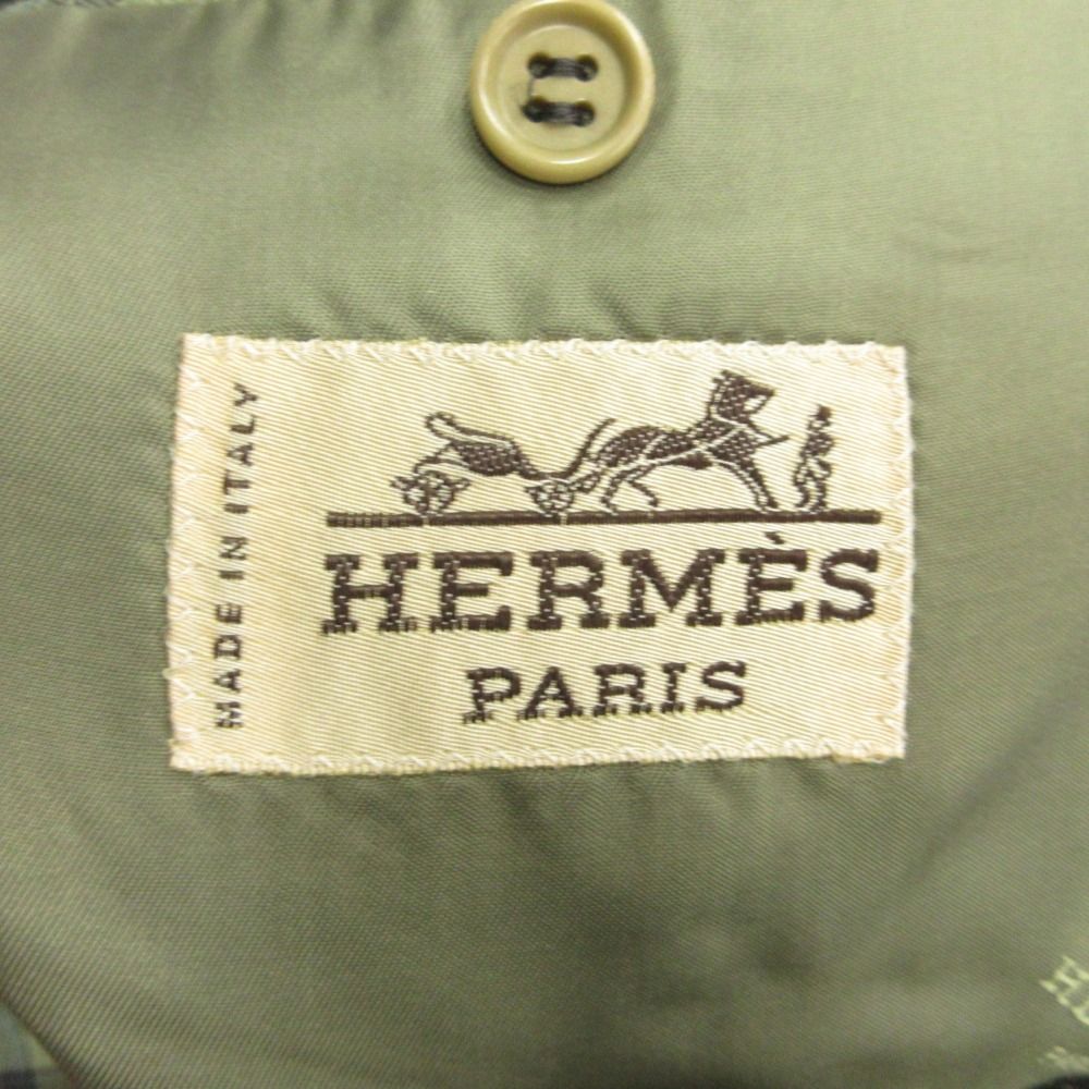 Hermes Check Tailored Jacket Blue Leather Wool Vintage 50 Green — view 7