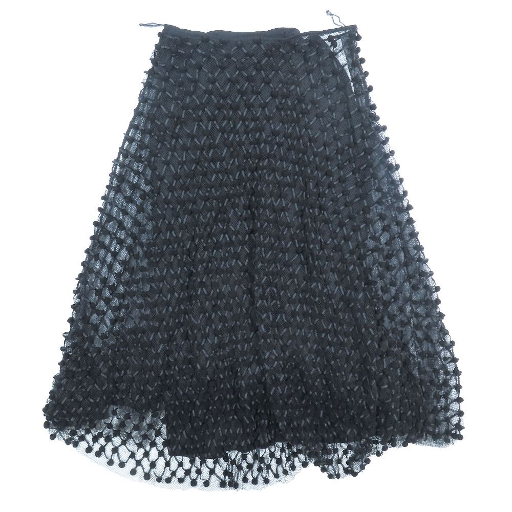 Dior Long Skirt Pompon Mesh Nylon Sheer 44 Black