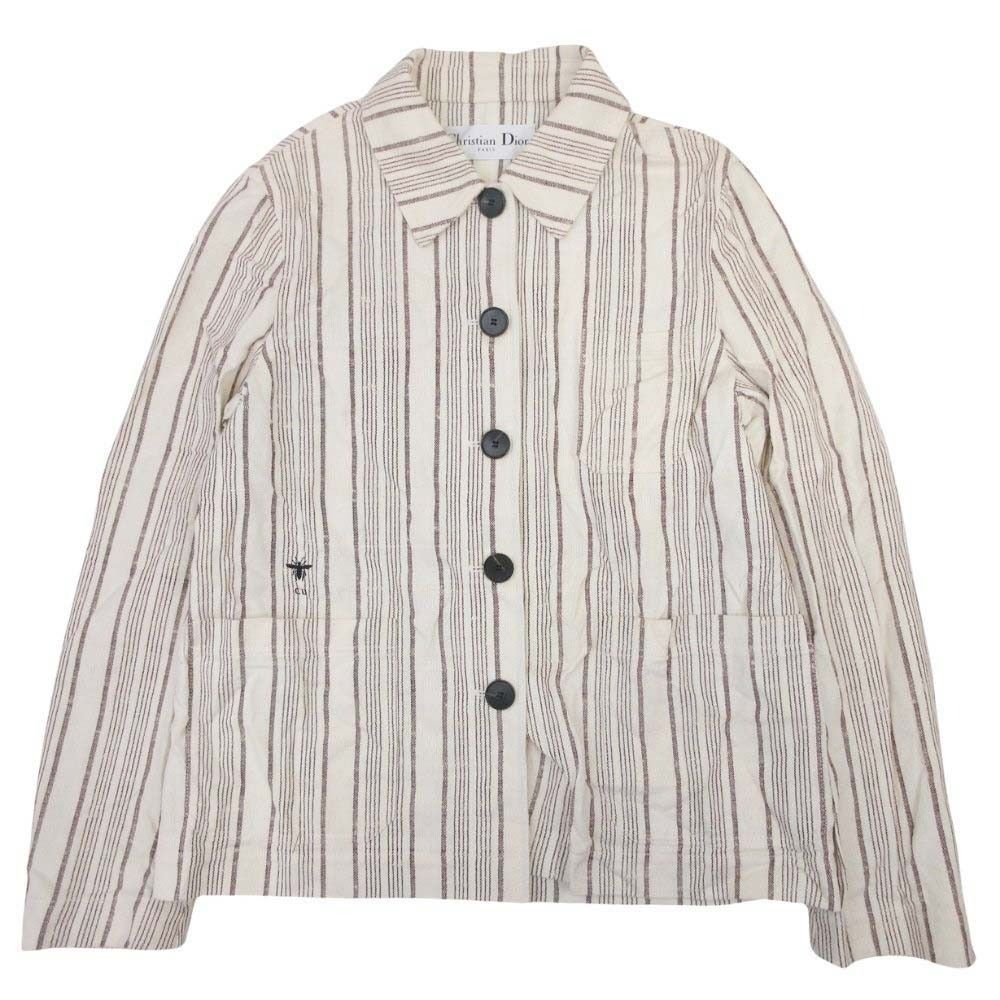 Dior Striped Shirt Jacket Cotton Silk Logo Embroidery 38 Ivory