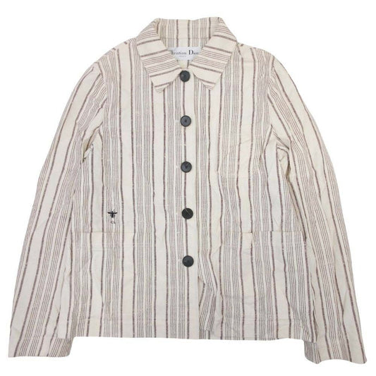 Dior Striped Shirt Jacket Cotton Silk Logo Embroidery 38 Ivory
