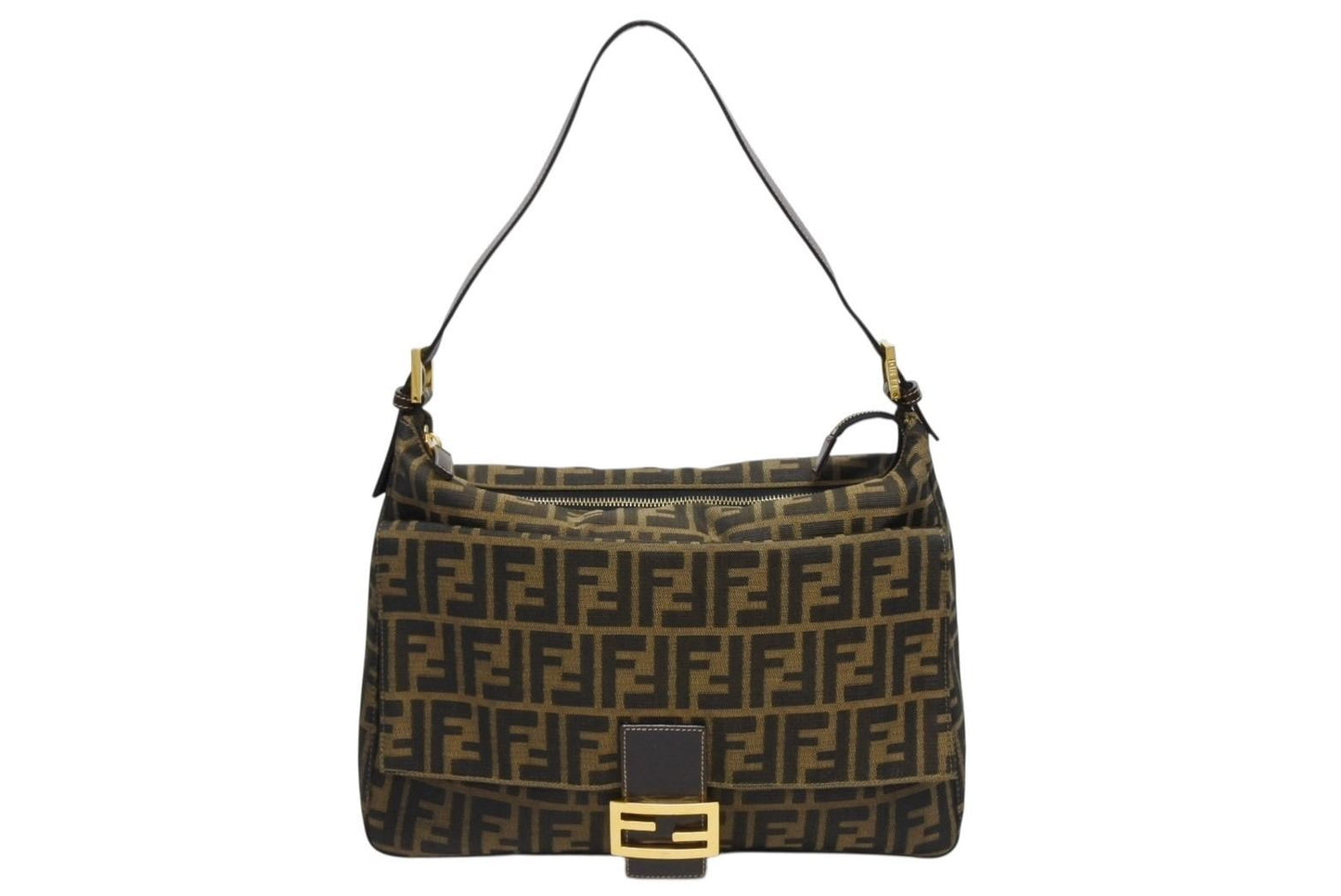 Fendi Mamma Baguette Handbag Zucca Pattern Brown Leather Canvas Gold