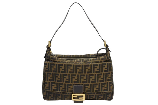 Fendi Mamma Baguette Handbag Zucca Pattern Brown Leather Canvas Gold