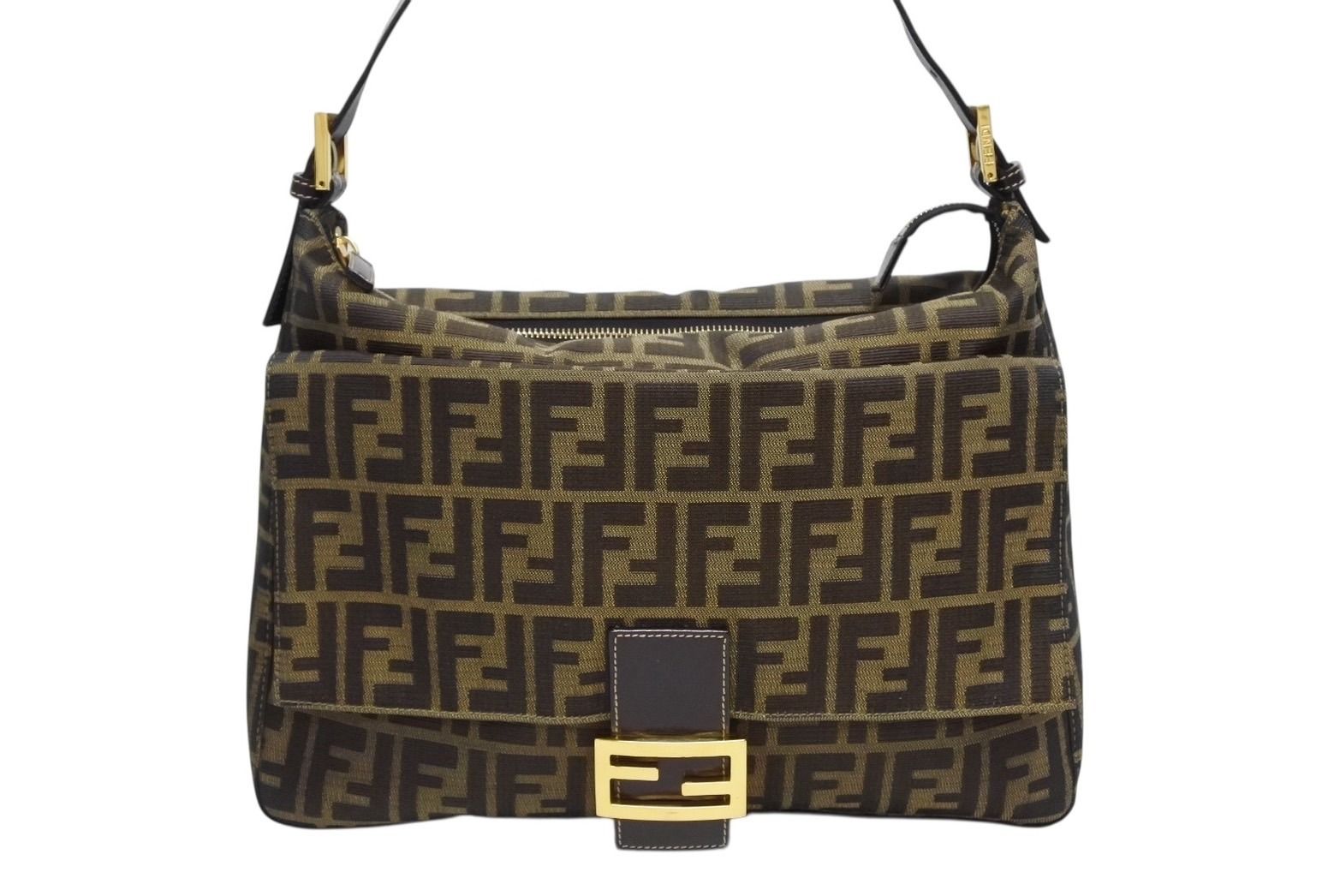 Fendi Mamma Baguette Handbag Zucca Pattern Brown Leather Canvas Gold — view 2