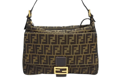 Fendi Mamma Baguette Handbag Zucca Pattern Brown Leather Canvas Gold — view 2