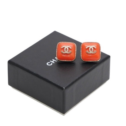 Chanel Earrings CC Logo Square Button Orange Gold