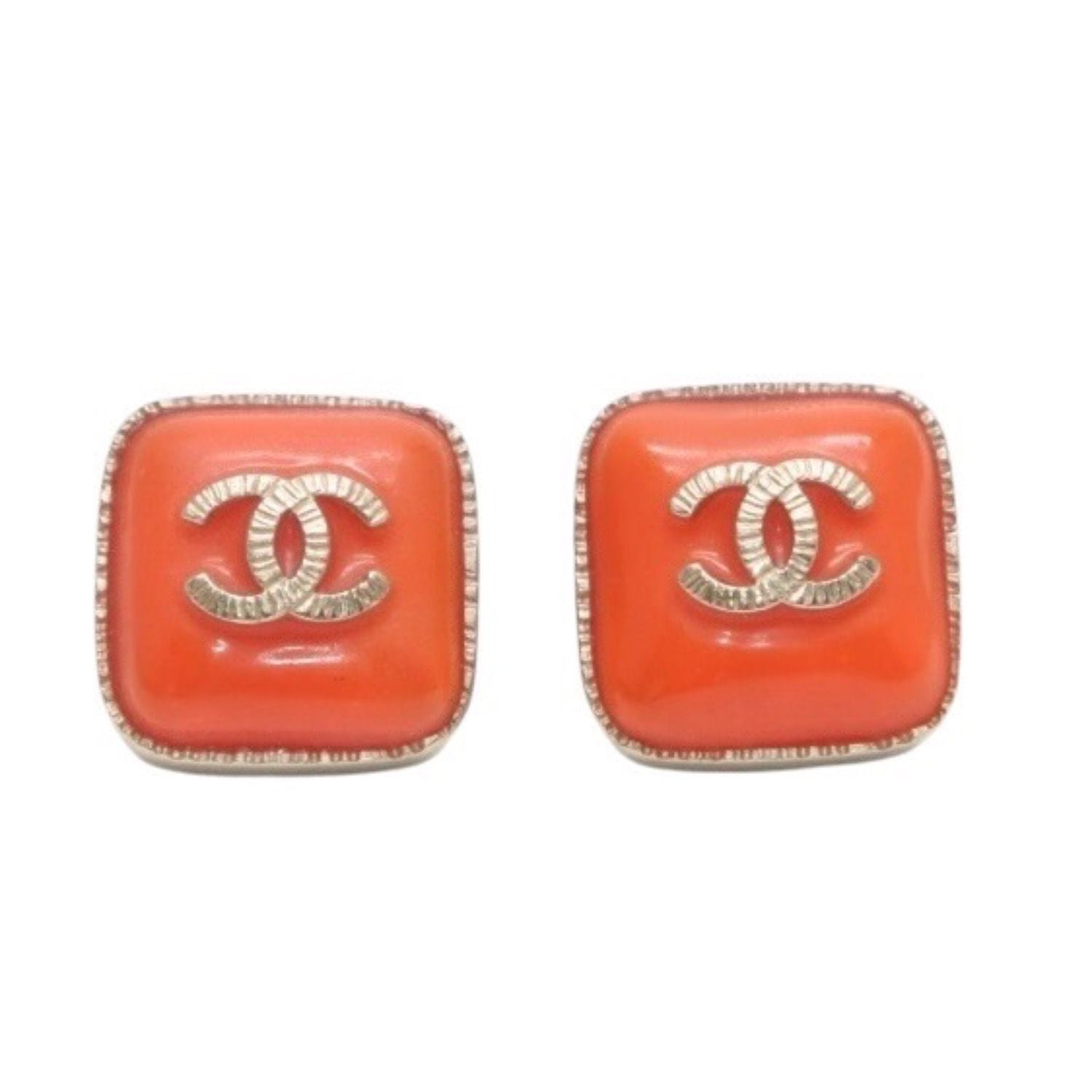 Chanel Earrings CC Logo Square Button Orange Gold — view 2