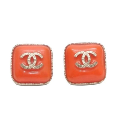Chanel Earrings CC Logo Square Button Orange Gold — view 2