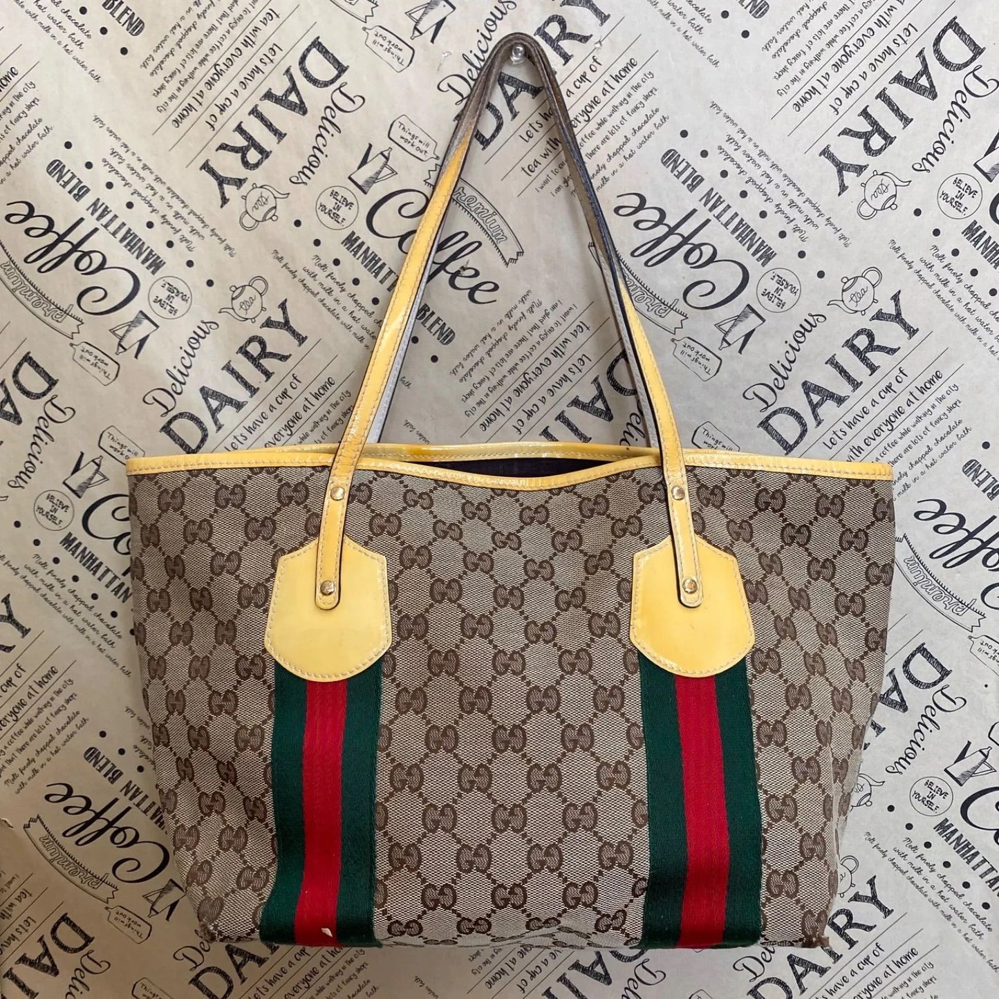 Gucci Tote GG Canvas Sherry Line Abbey Yellow Business Travel