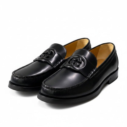 Gucci E4 Interlocking GG Logo Loafers Shoes Dress Slip Ons Black Leather 8.5