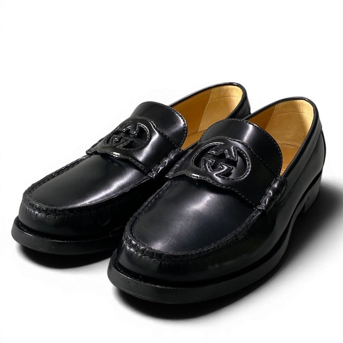 Gucci E4 Interlocking GG Logo Loafers Shoes Dress Slip Ons Black Leather 8.5 — view 2