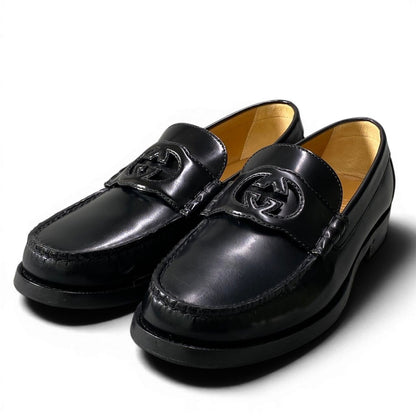 Gucci E4 Interlocking GG Logo Loafers Shoes Dress Slip Ons Black Leather 8.5 — view 2