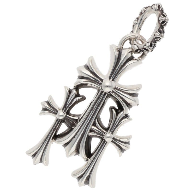 Chrome Hearts 3 CH Crs Lrg Triple CH Cross Large Silver Necklace Top