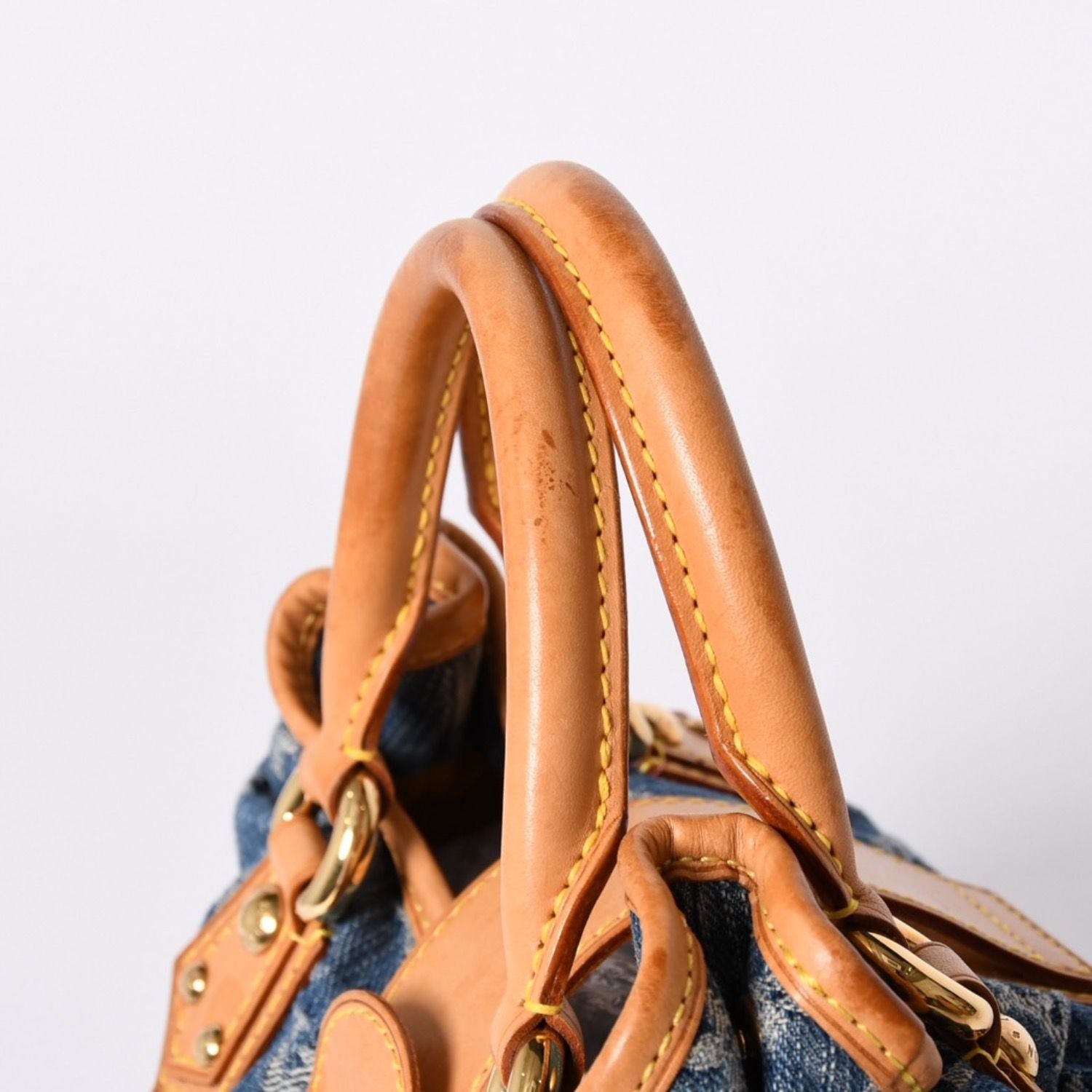 Louis Vuitton Pleaty Handbag Monogram Denim Leather Blue Gold — view 6