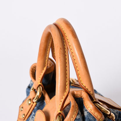 Louis Vuitton Pleaty Handbag Monogram Denim Leather Blue Gold — view 6