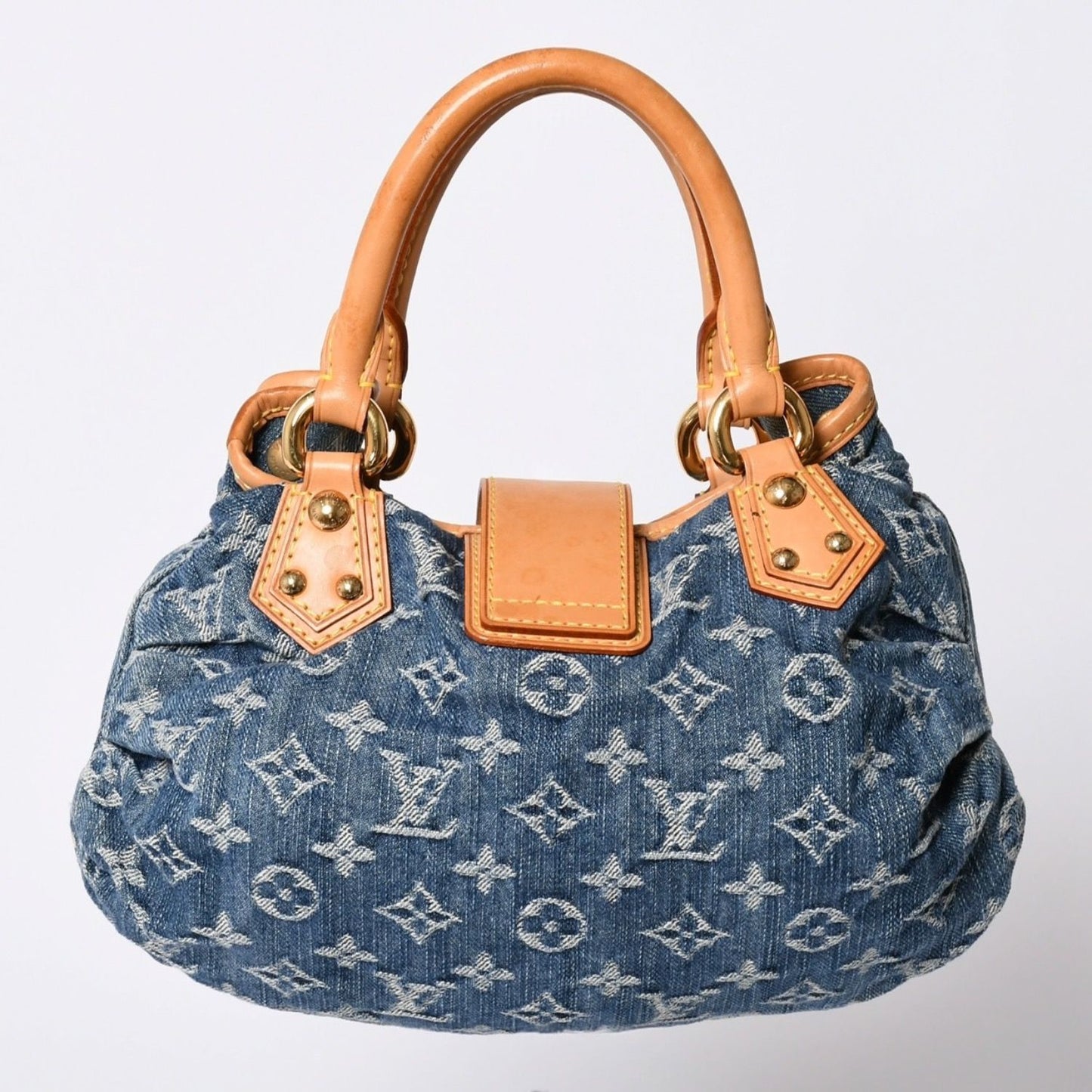 Louis Vuitton Pleaty Handbag Monogram Denim Leather Blue Gold — view 2