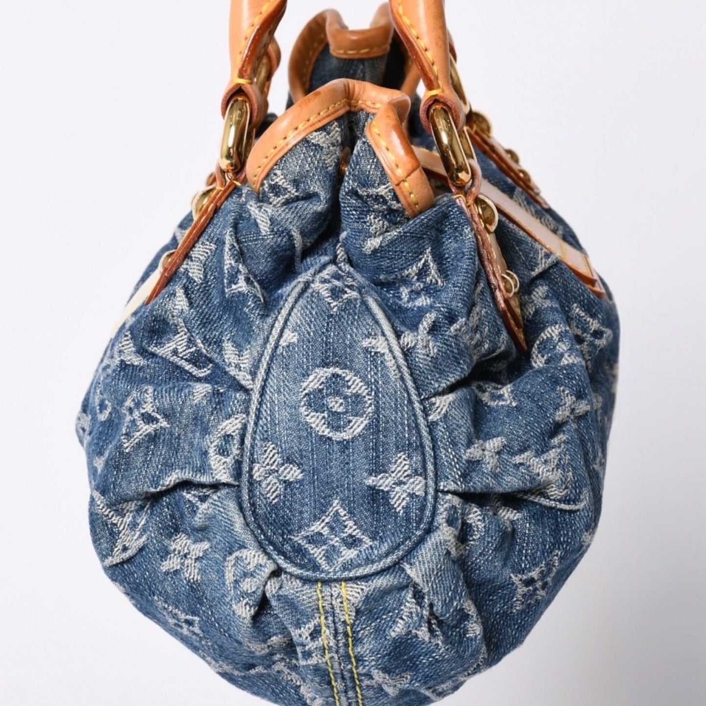 Louis Vuitton Pleaty Handbag Monogram Denim Leather Blue Gold — view 4