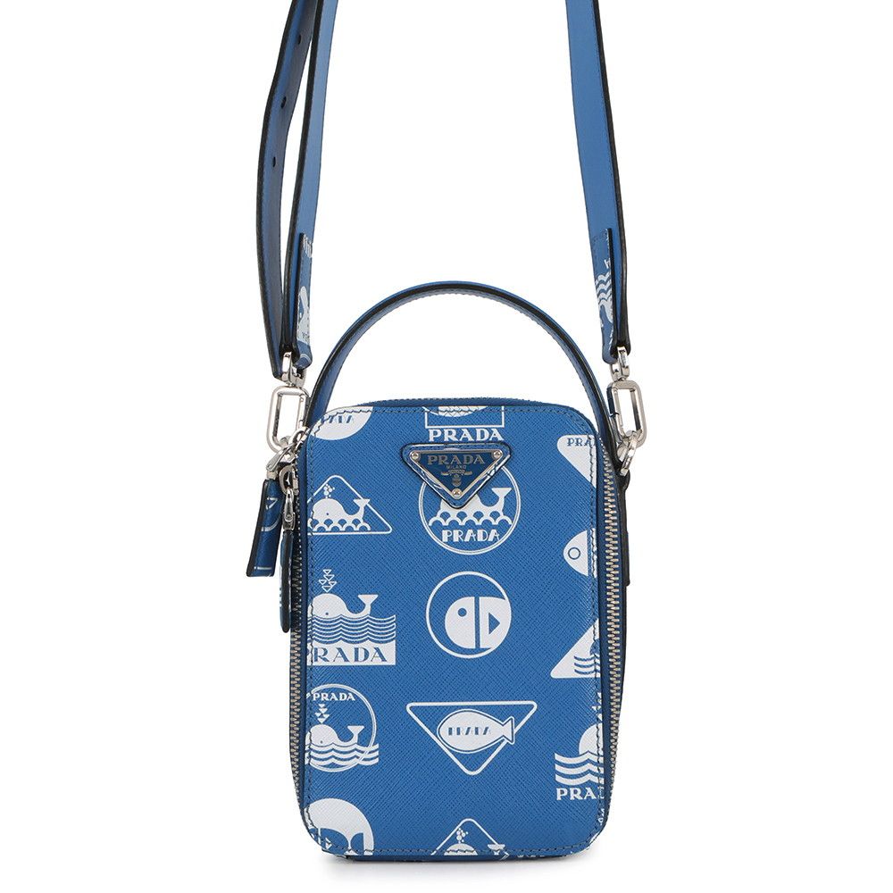 Prada Marine Print Triangle Logo Leather 2-Way Shoulder Bag White