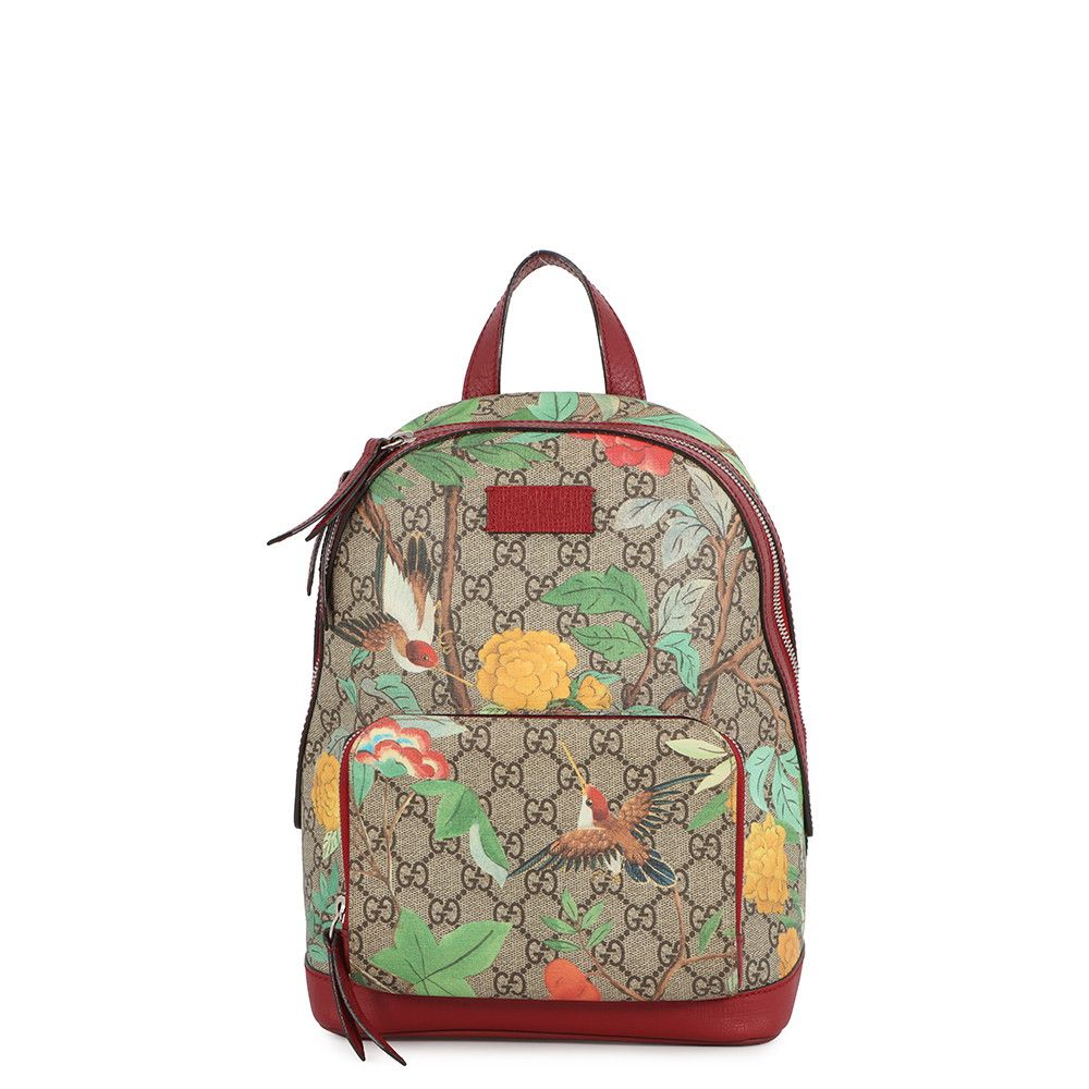 Gucci Tian Backpack Flower Bird GG Supreme Leather Sac
