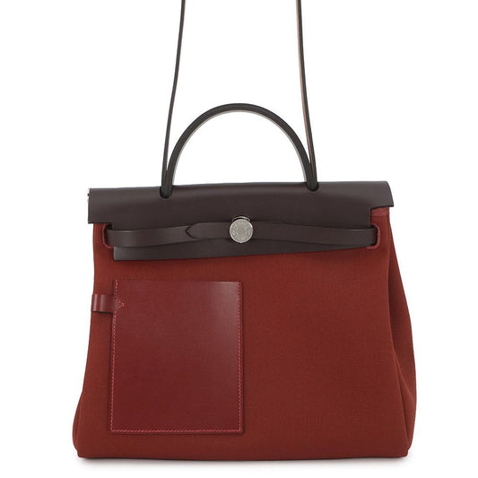 Hermes Herbag Zip PM le Tourne Pocket Ebene Rouge Ash Silver Toile Ash Vache