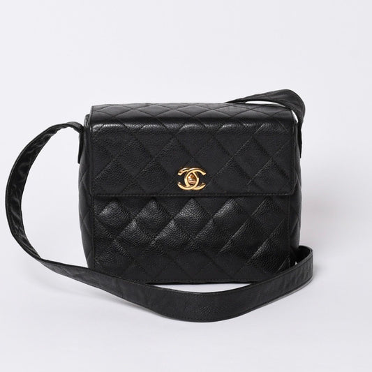 Chanel Shoulder Bag CC Logo Caviar Leather Black Quilted Gold