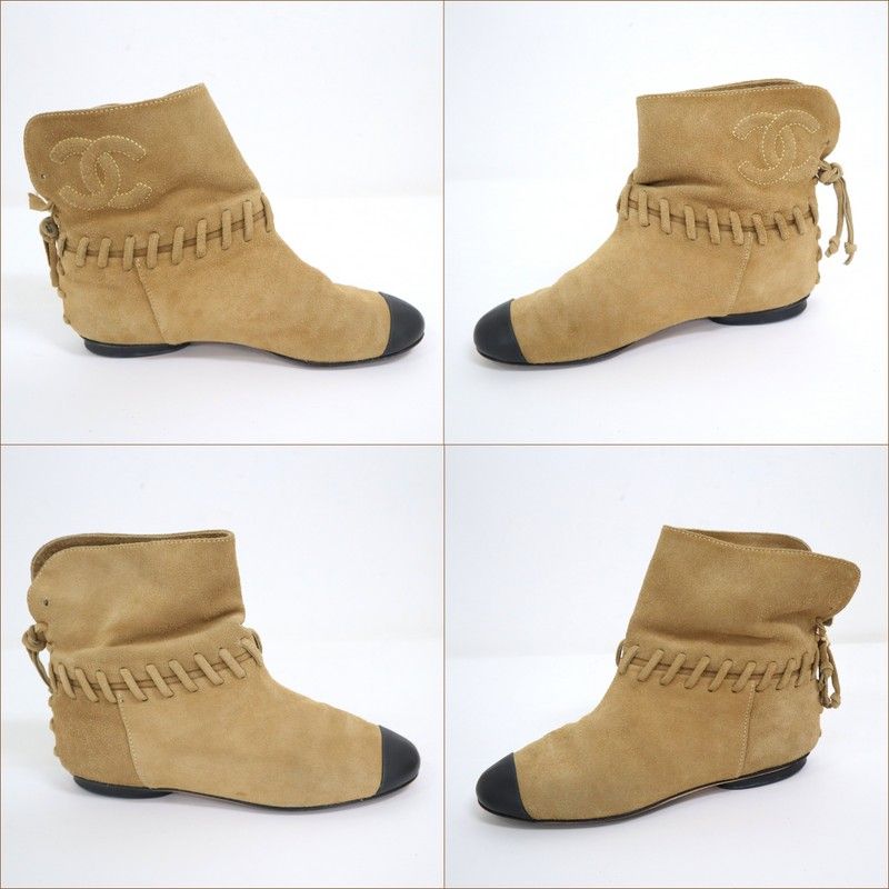 Chanel Short Boots Beige Black Suede 35c — view 3