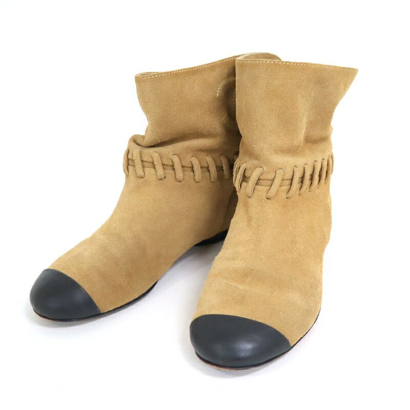 Chanel Short Boots Beige Black Suede 35c