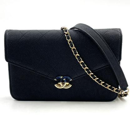 Chanel Half Coco Wallet Caviar Leather Black Chain Shoulder Bag Gold