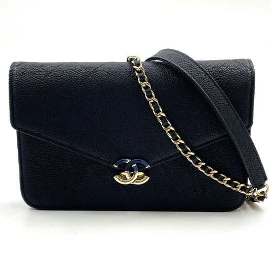 Chanel Half Coco Wallet Caviar Leather Black Chain Shoulder Bag Gold