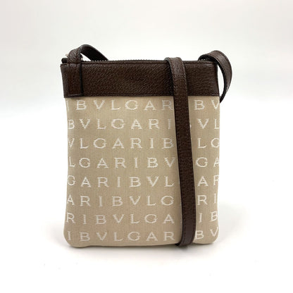 Bvlgari Logo Mania Leather Canvas Brown Shoulder Bag Silver