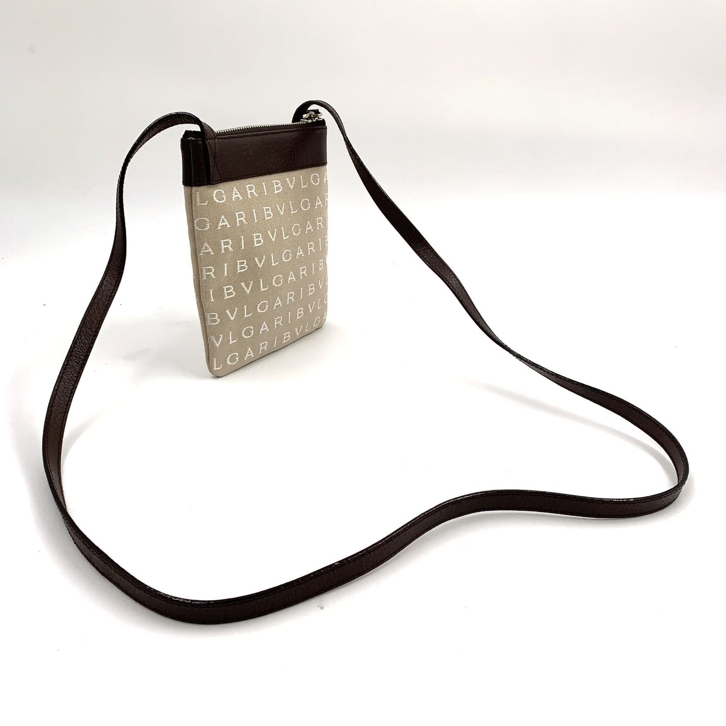 Bvlgari Logo Mania Leather Canvas Brown Shoulder Bag Silver — view 2