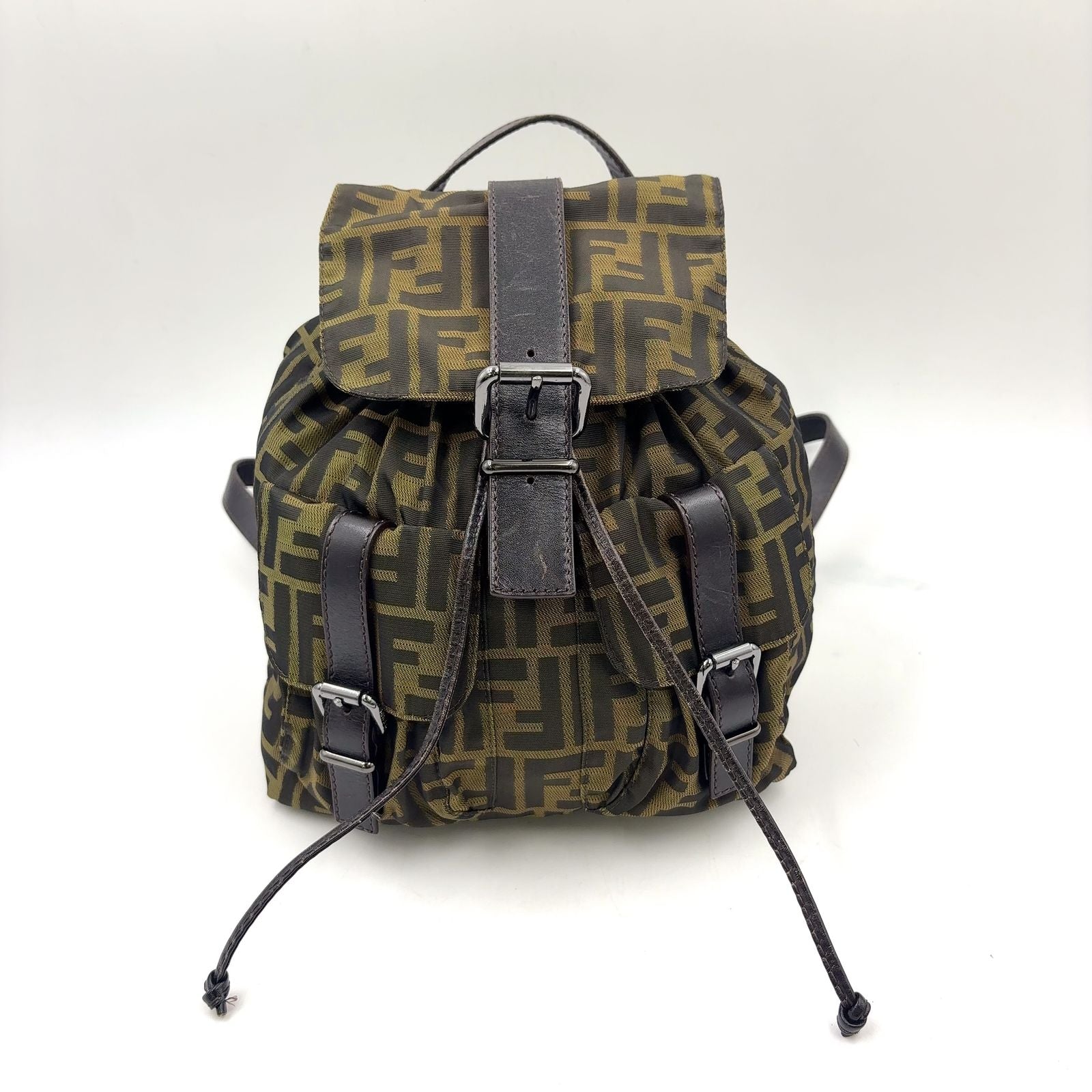 Fendi Zucca Leather Canvas Brown Backpack Silver