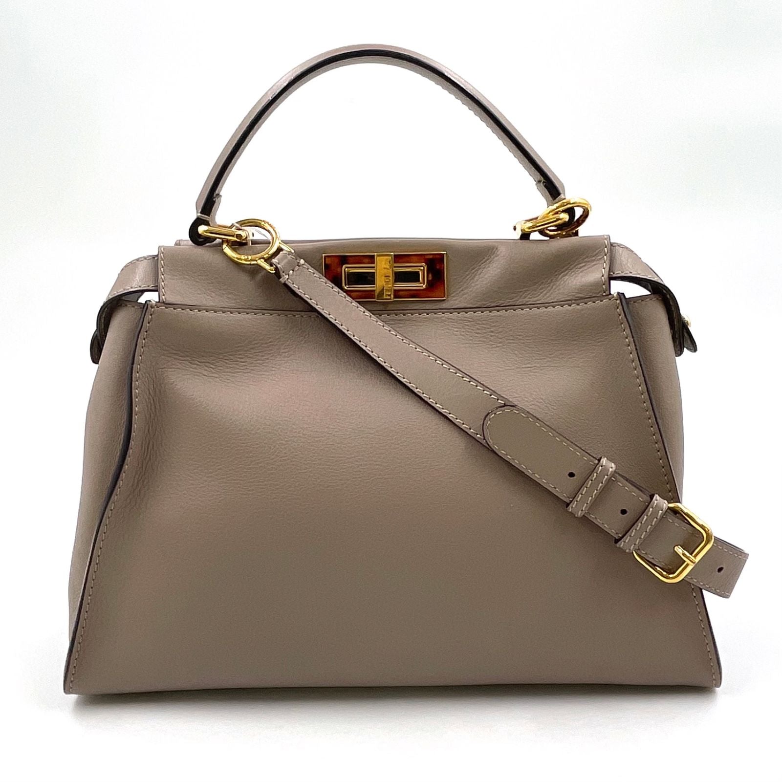 Fendi Peekaboo Regular Selleria Tortoiseshell Pattern 2-Way Leather Beige