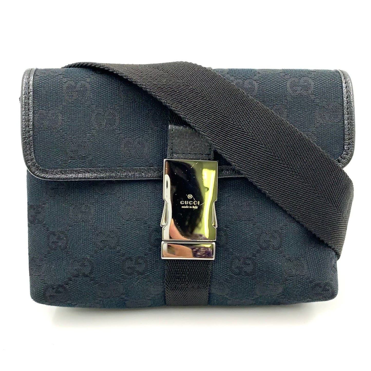 Gucci GG Canvas Black Belt Bag Silver