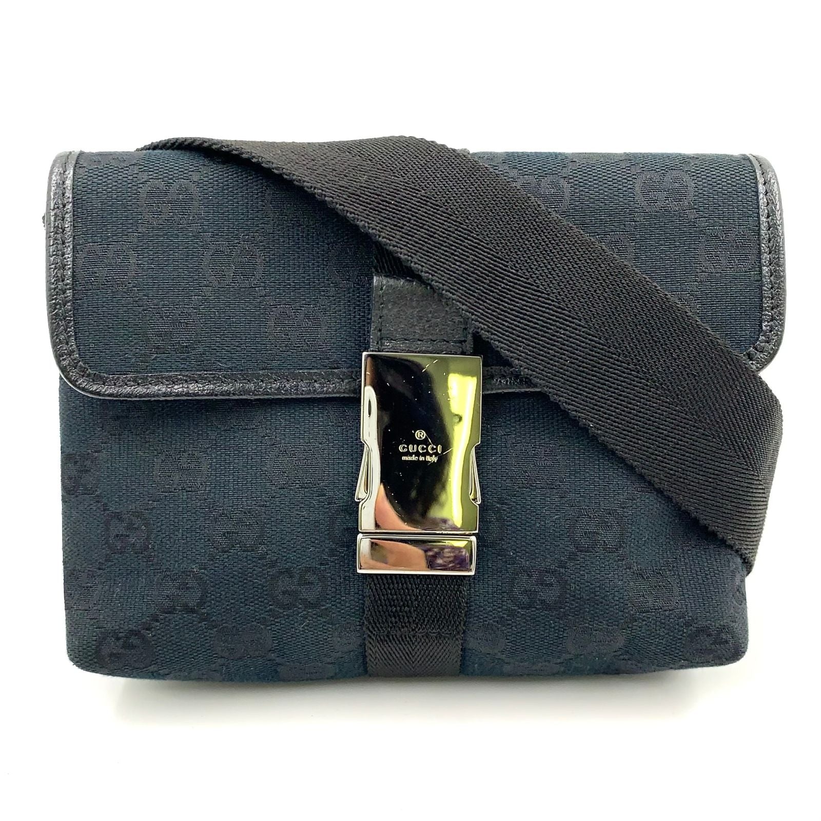 Gucci GG Canvas Black Belt Bag Silver