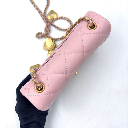 Chanel Mini Quilted Heart Charm Random Lambskin Pink Chain Shoulder Bag Gold — view 9