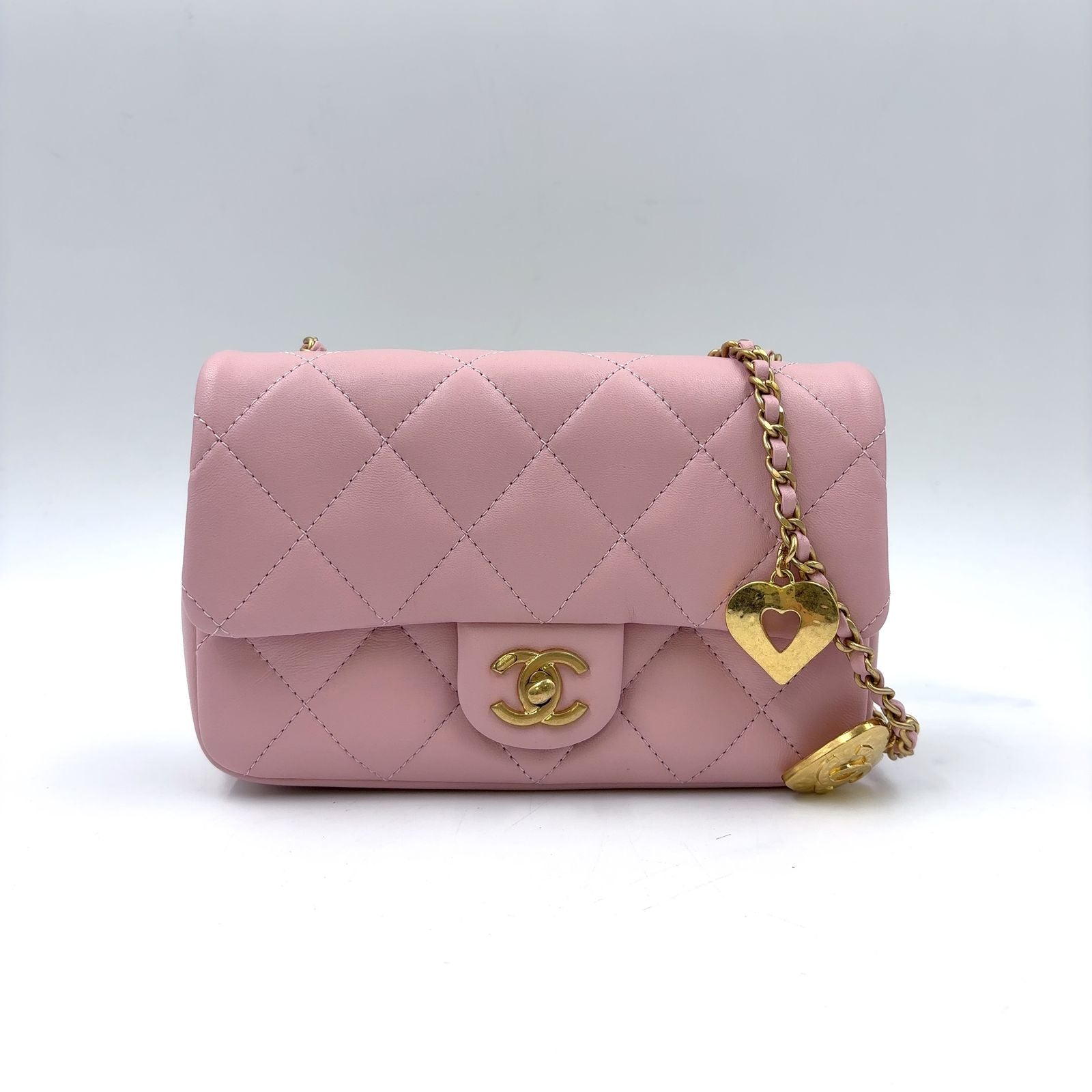 Chanel Mini Quilted Heart Charm Random Lambskin Pink Chain Shoulder Bag Gold